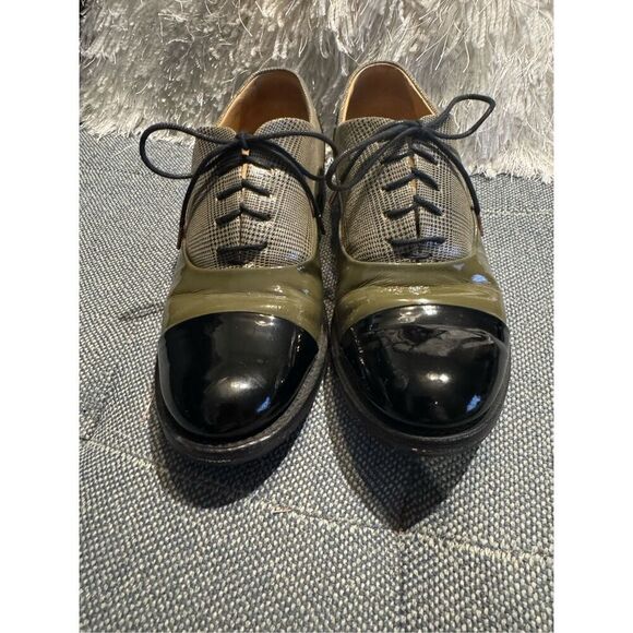 THE OFFICE OF ANGELA SCOTT Ms. Baker Khaki Glen Plaid Leather Women's Toe Cap Ox - Picture 3 of 10